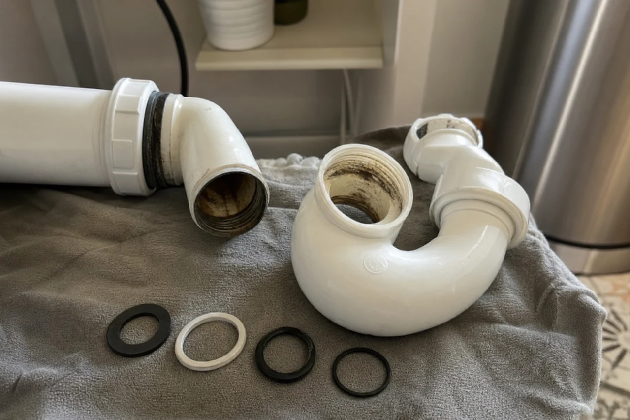 Siphon démonté et joints neufs alignés