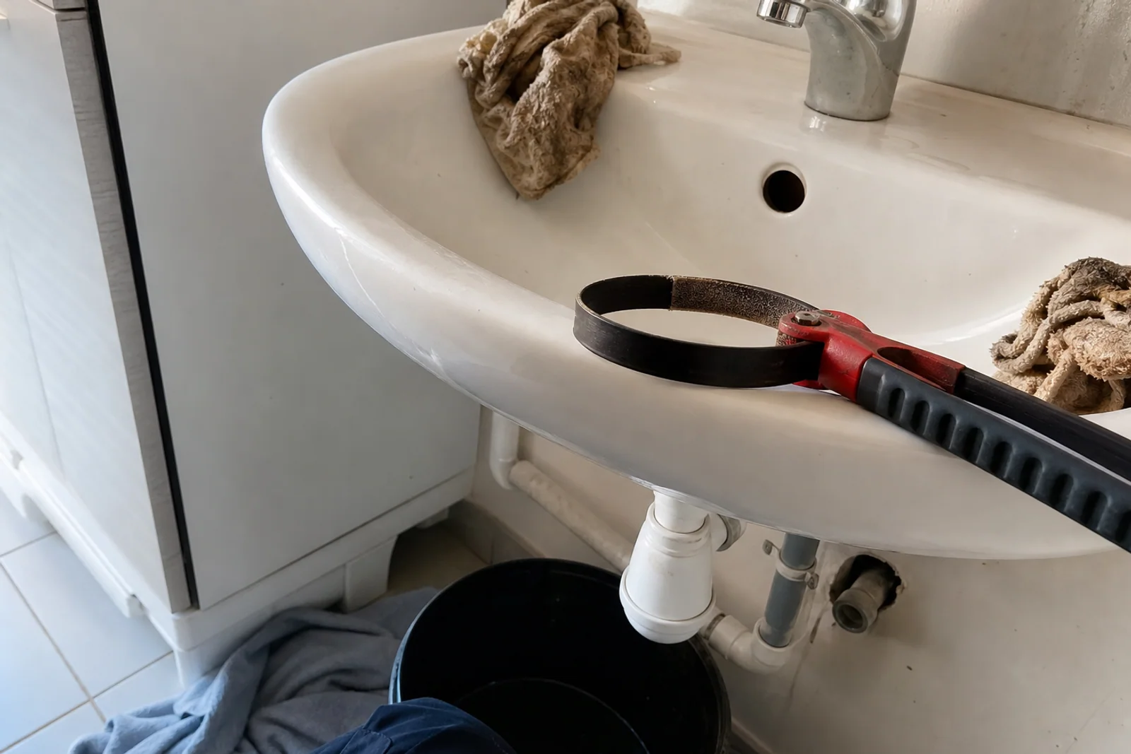 Outils posés près lavabo en céramique
