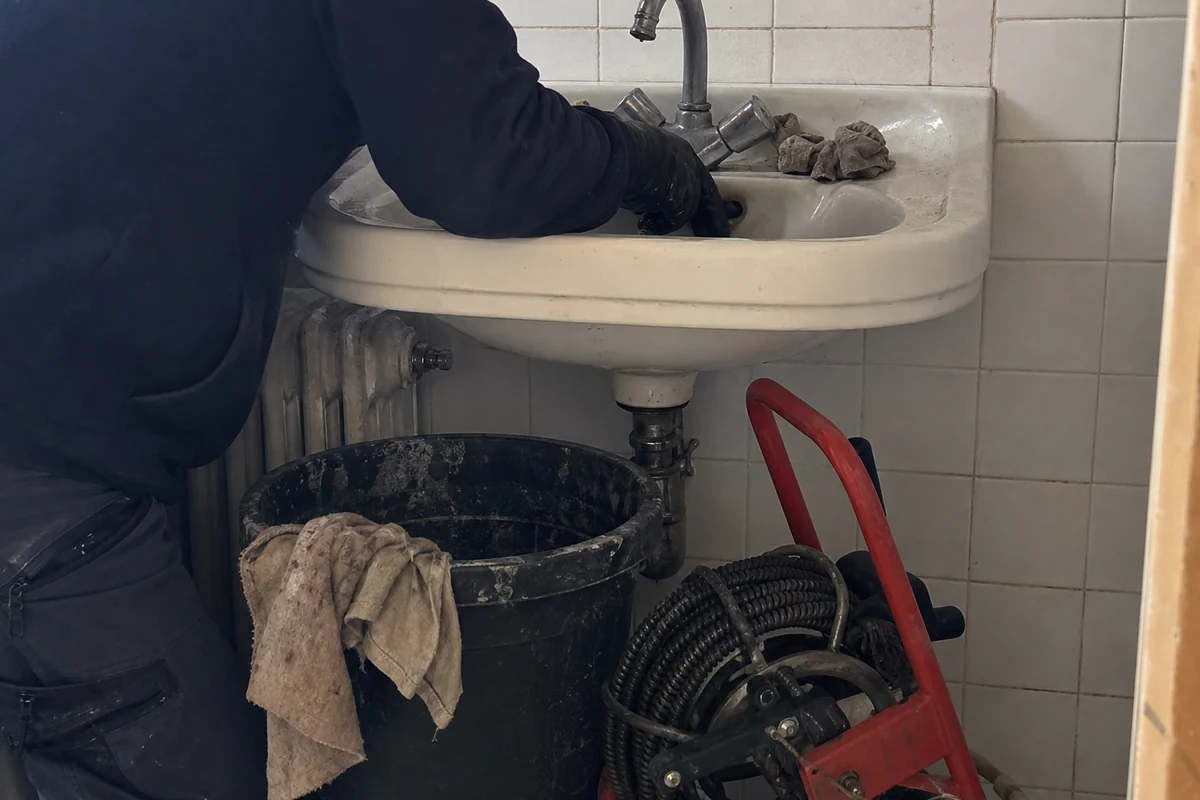 Seau et furet près lavabo ancien