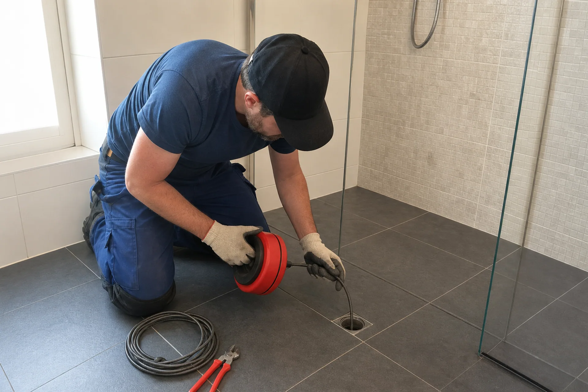 technicien débouche une douche italienne avec un furet