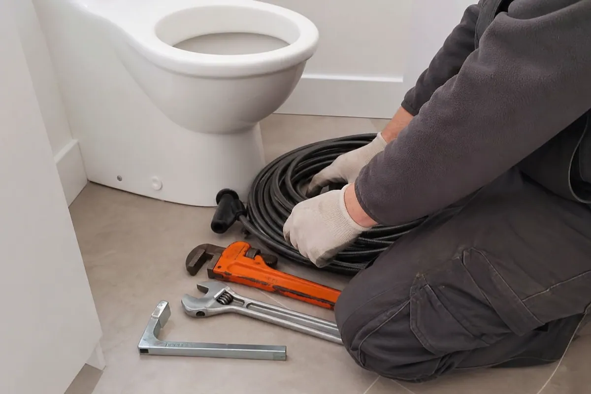 Outillage de plombier posé près WC